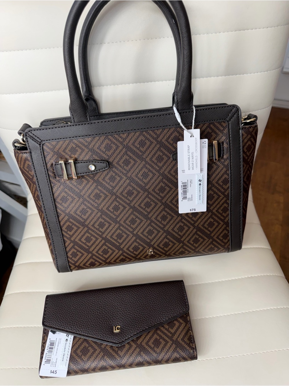 Liz Claiborne Brown Patterned Satchel with Matching Wallet